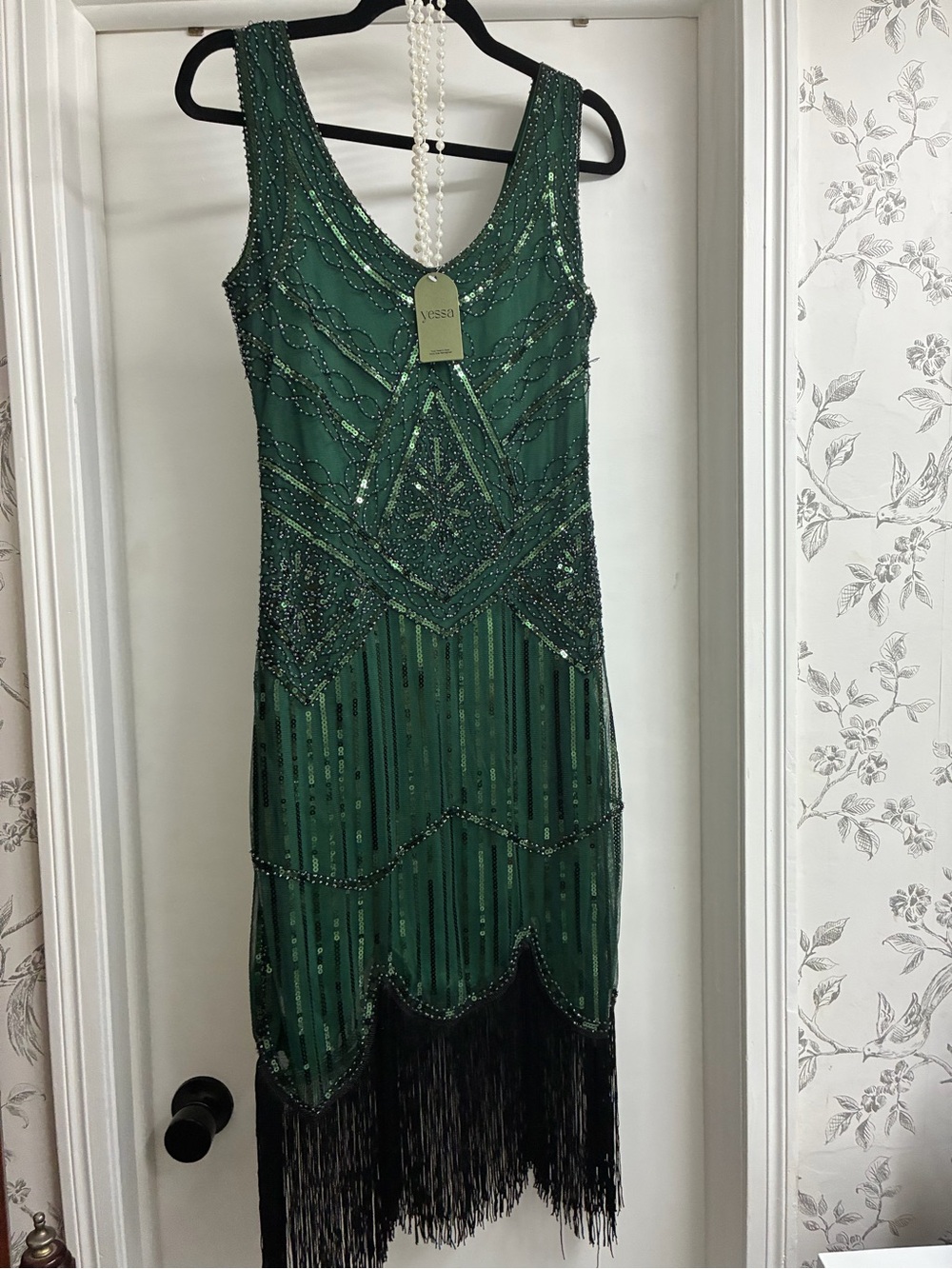 Sleeveless Emerald Beaded Fringe Midi Dress by Yessa roaring 20s dress
